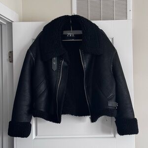 Zara Black Shearling Biker Jacket